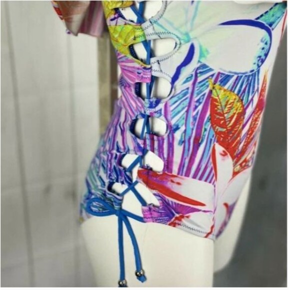 TiniBikini Small Tropical Palm One Piece Swimsuit-Ruffle Neck-Lace Up Sides-NEW - Picture 4 of 10